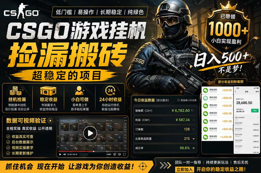 CSGO游戏搬砖，全自动挂G，不需要玩游戏，手机操作日入300+，解放双手【揭秘】-小鸿资源库