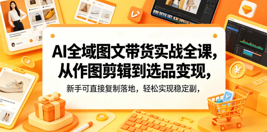 AI全域图文带货实战全课，从作图剪辑到选品变现，新手可直接复制落地，轻松实现稳定副业增收-小鸿资源库