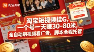 淘宝短视频挂G，一个号一天 賺30-80米，全自动刷视频看广告，脚本全程托管【揭秘】-小鸿资源库