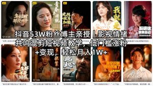 抖音53W粉丝博主亲授｜影视情绪共鸣混剪短视频教学，低门槛涨粉+变现，轻松月入1W+-小鸿资源库
