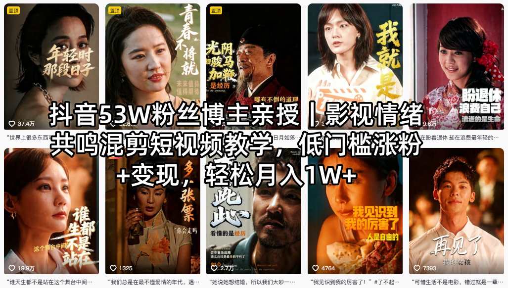 抖音53W粉丝博主亲授｜影视情绪共鸣混剪短视频教学，低门槛涨粉+变现，轻松月入1W+-小鸿资源库