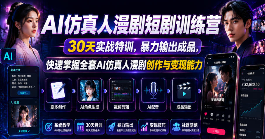 AI仿真人漫剧短剧训练营，30天实战特训，暴力输出成品，快速掌握全套AI仿真人漫剧创作与变现能力-小鸿资源库