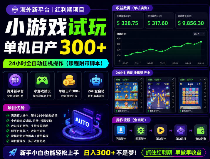 海外新平台，小游戏试玩，单机日产300+，24小时全自动挂G操作（课程附带脚本）【揭秘】-小鸿资源库