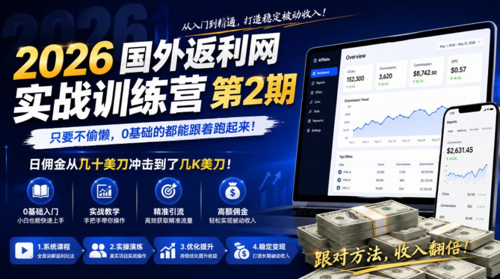2026年国外返利网实战训练营第2期，只要不偷懒，0基础的都能跟着跑起来，日佣金从几十美刀冲击到了几K美刀-小鸿资源库