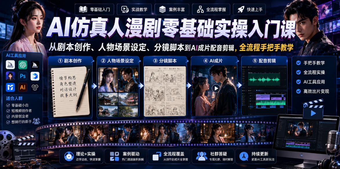 AI仿真人漫剧零基础实操入门课，从剧本创作、人物场景设定、分镜脚本到AI成片配音剪辑，全流程手把手教学-小鸿资源库