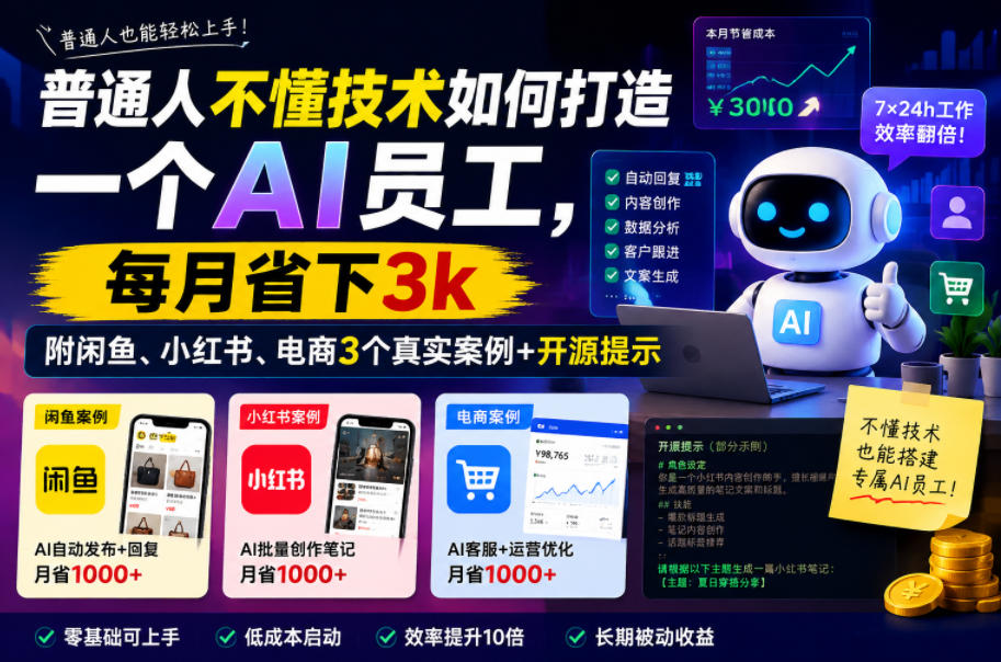 普通人不懂技术如何打造一个AI员工，每月省下3k，附闲鱼、小红书、电商3个真实案例+开源提示【文档】-小鸿资源库