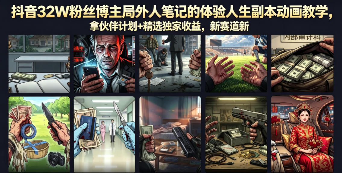 抖音32W粉丝博主局外人笔记的体验人生副本动画教学，拿伙伴计划+精选独家收益，新赛道新涨粉快【录制版】-小鸿资源库