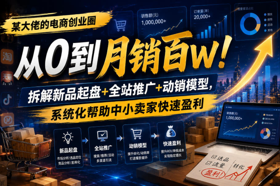 某大佬的电商创业圈从0到月销百W！拆解新品起盘+全站推广+动销模型，系统化帮助中小卖家快速盈利-小鸿资源库