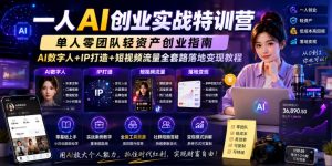 一人AI创业实战特训营，单人零团队轻资产创业指南，AI数字人+IP打造+短视频流量全套路落地变现教程-小鸿资源库