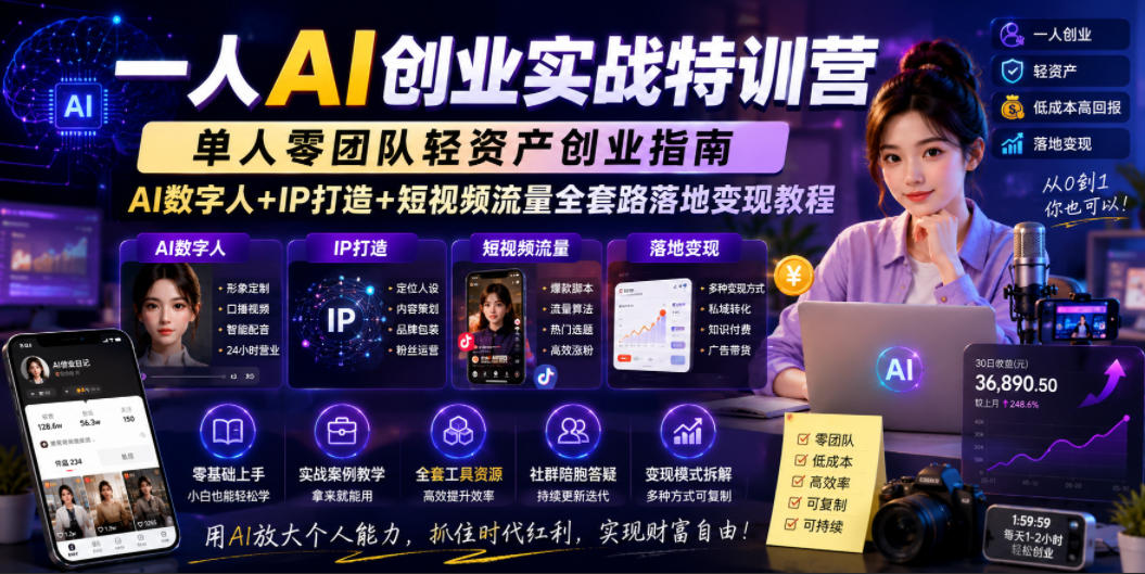 一人AI创业实战特训营，单人零团队轻资产创业指南，AI数字人+IP打造+短视频流量全套路落地变现教程-小鸿资源库
