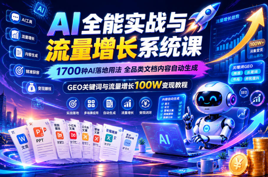 AI全能实战与流量增长系统课，1700种AI落地用法，全品类文档内容自动生成，GEO关键词与流量增长100W变现教程-小鸿资源库