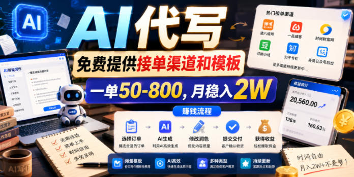 AI代写，免费提供接单渠道和模板，一单50-800，月稳入2W【揭秘】-小鸿资源库