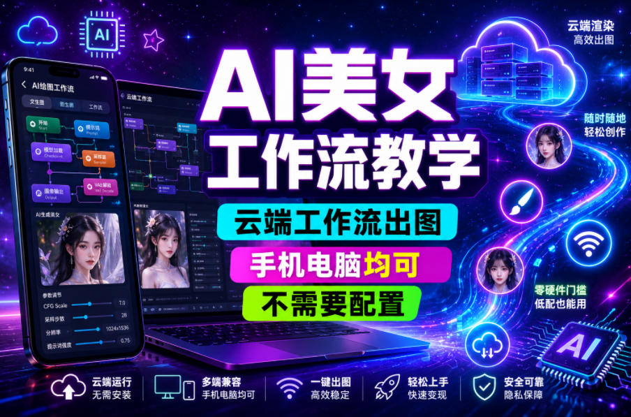 AI美女工作流教学，云端工作流出图，手机电脑均可，不需要配置，快速起号涨粉-小鸿资源库