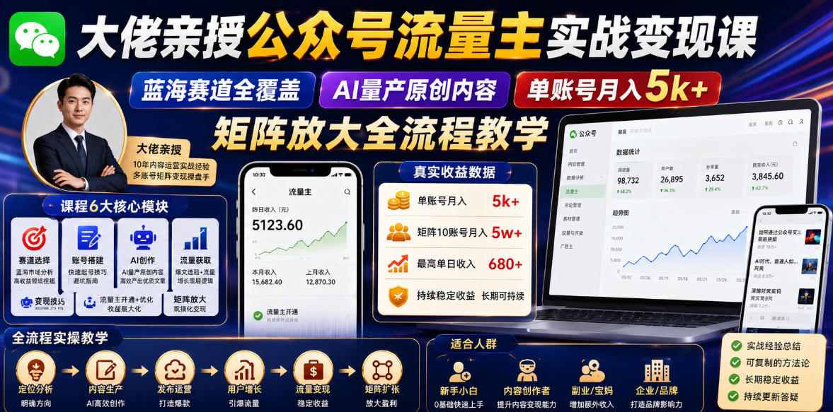 大佬亲授公众号流量主实战变现课，蓝海赛道全覆盖，AI量产原创内容，单账号月入5k+矩阵放大全流程教学-小鸿资源库