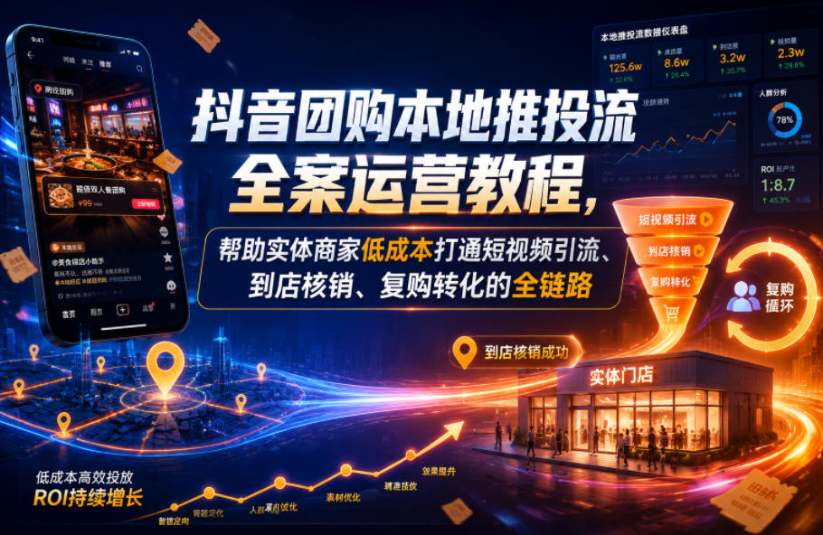 抖音团购本地推投流全案运营教程，帮助实体商家低成本打通短视频引流、到店核销、复购转化的全链路-小鸿资源库