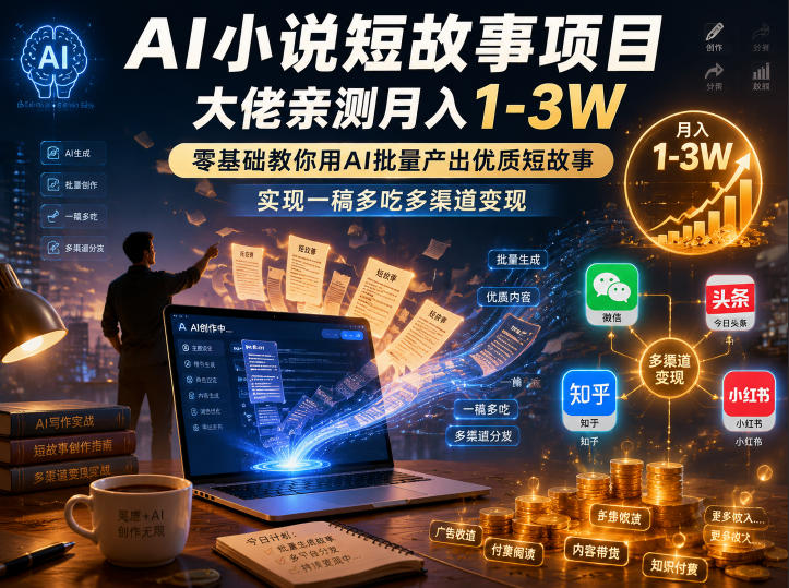 AI小说短故事项目，大佬亲测月入1-3W，零基础教你用AI批量产出优质短故事，实现一稿多吃多渠道变现（更新）-小鸿资源库