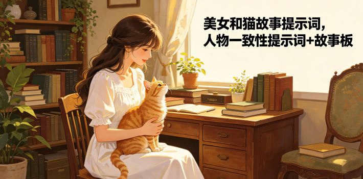 美女和猫故事提示词，人物一致性提示词+故事板-小鸿资源库