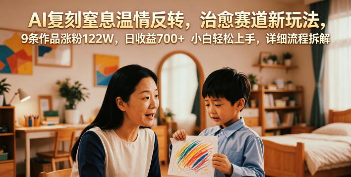 AI复刻窒息温情反转，治愈赛道新玩法，9条作品涨粉122W，日收益700+ 小白轻松上手，详细流程拆解-小鸿资源库