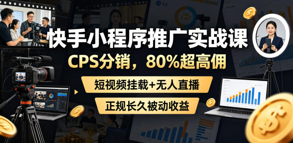 快手小程序推广实战课，CPS分销，80%超高佣，短视频挂载+无人直播，正规长久被动收益-小鸿资源库