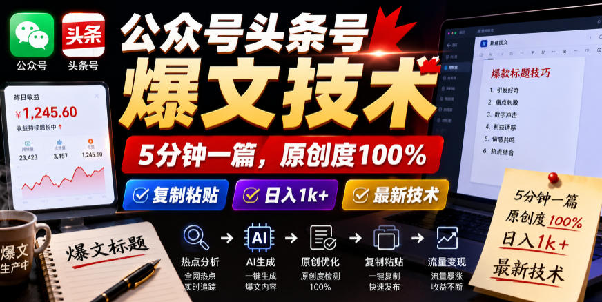 公众号头条号爆文技术，5分钟一篇，原创度100%，复制粘贴，日入1k+，最新技术【揭秘】-小鸿资源库