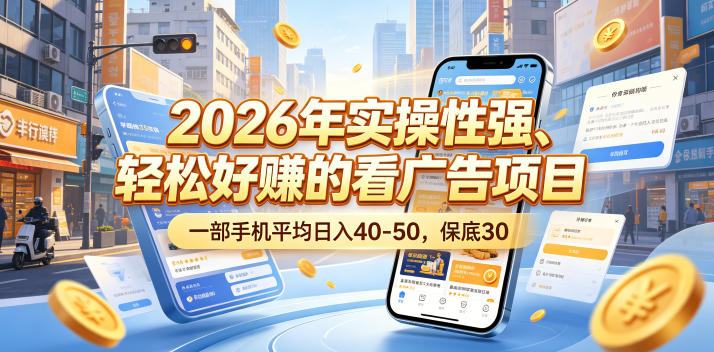 2026年实操性强、轻松好賺的看广告项目，一部手机平均日入40-50，保底30米【揭秘】-小鸿资源库